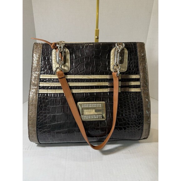 Guess Handbag Purse Brown & Tan Patent Leather Alligator Read Description Y2K - Picture 1 of 16